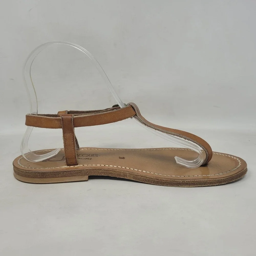 K.Jacques Sandals EU38 US7 Brown Leather T-Strap Gladiator Flat Resort Vacation